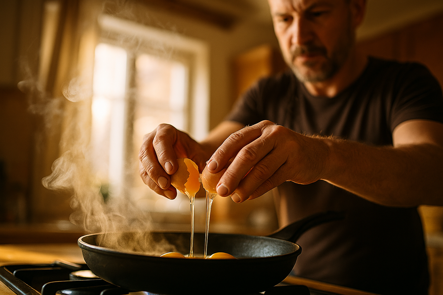 Mann Anfang 40 bereitet eine einfache proteinreiche Mahlzeit in der Küche zu