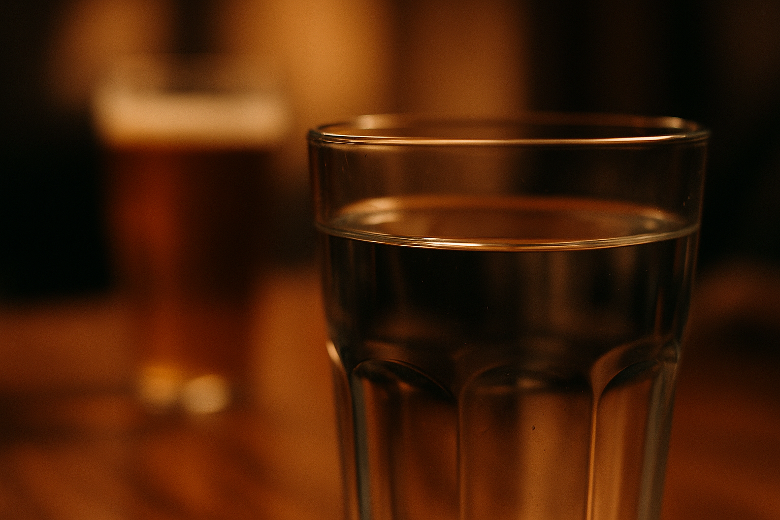 Ein Glas Wasser neben einem Bier auf einem Tisch am Abend, ruhige Stimmung