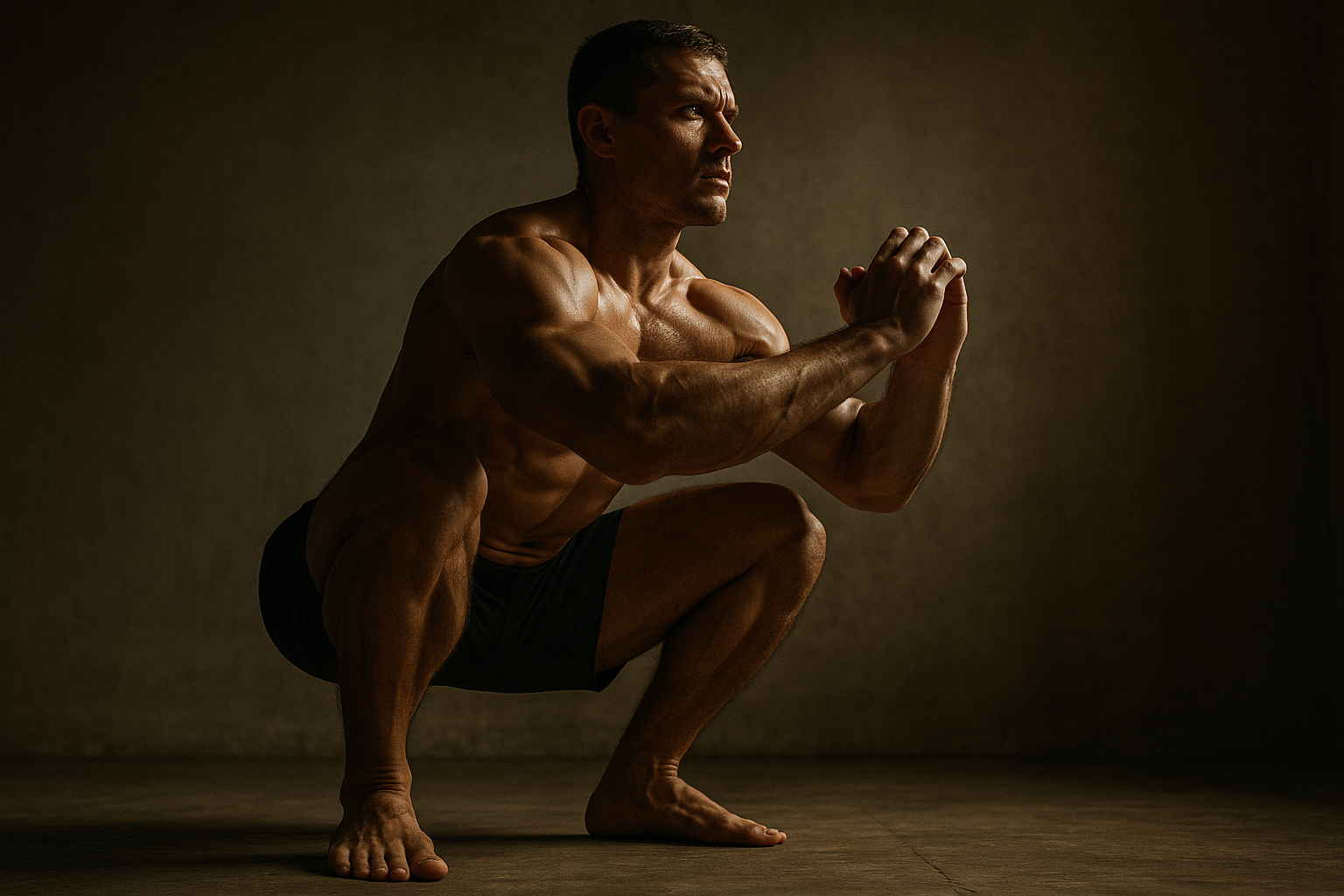 Mann Anfang 40 beim Ganzkörper-Krafttraining, Fokus auf Grundübung statt Bauchtraining