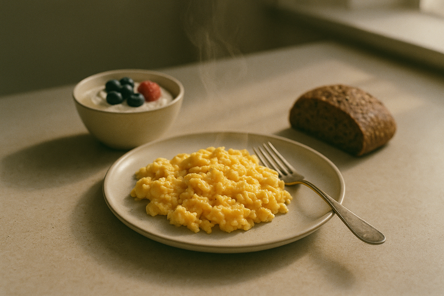 Proteinreiches Frühstück mit Rührei, Quark und Beeren auf einem Küchentisch