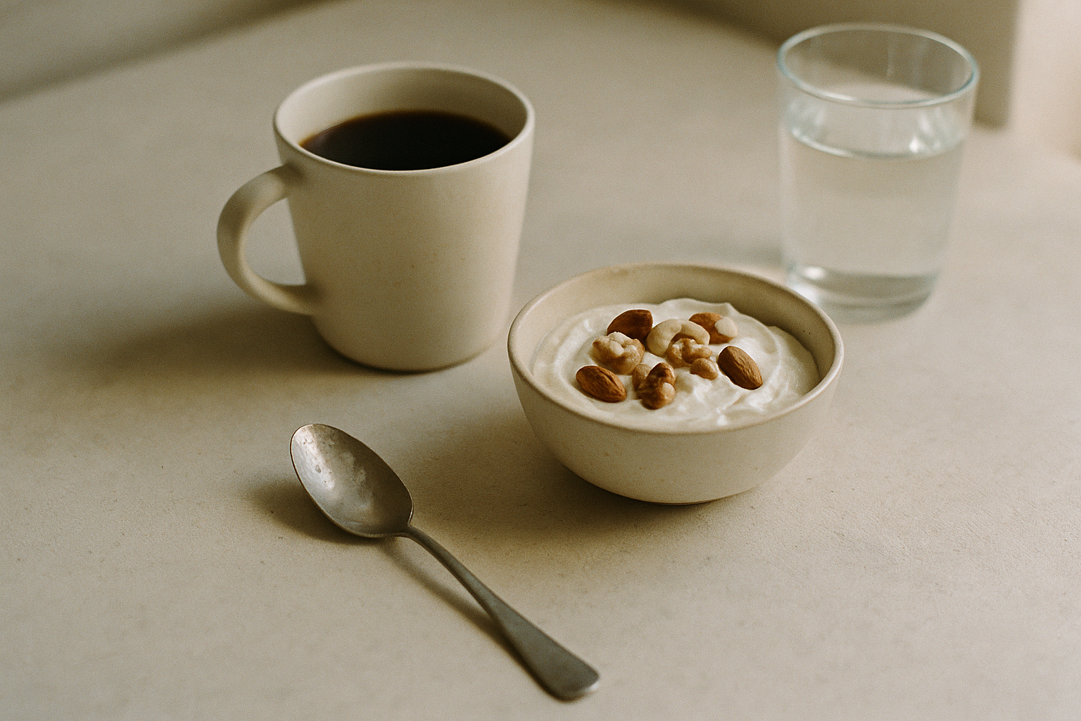 Schwarzer Kaffee und ein leichtes proteinreiches Frühstück im Morgenlicht als Alternative zum schweren Frühstück