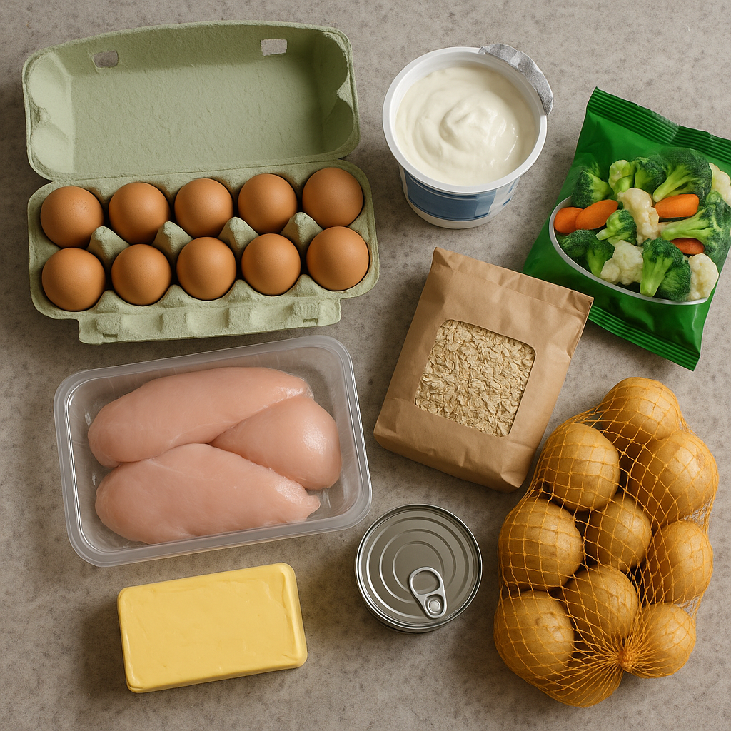 Wocheneinkauf für Männer die abnehmen wollen: Eier, Quark, Hähnchen, Tiefkühlgemüse, Kartoffeln auf Küchenarbeitsplatte