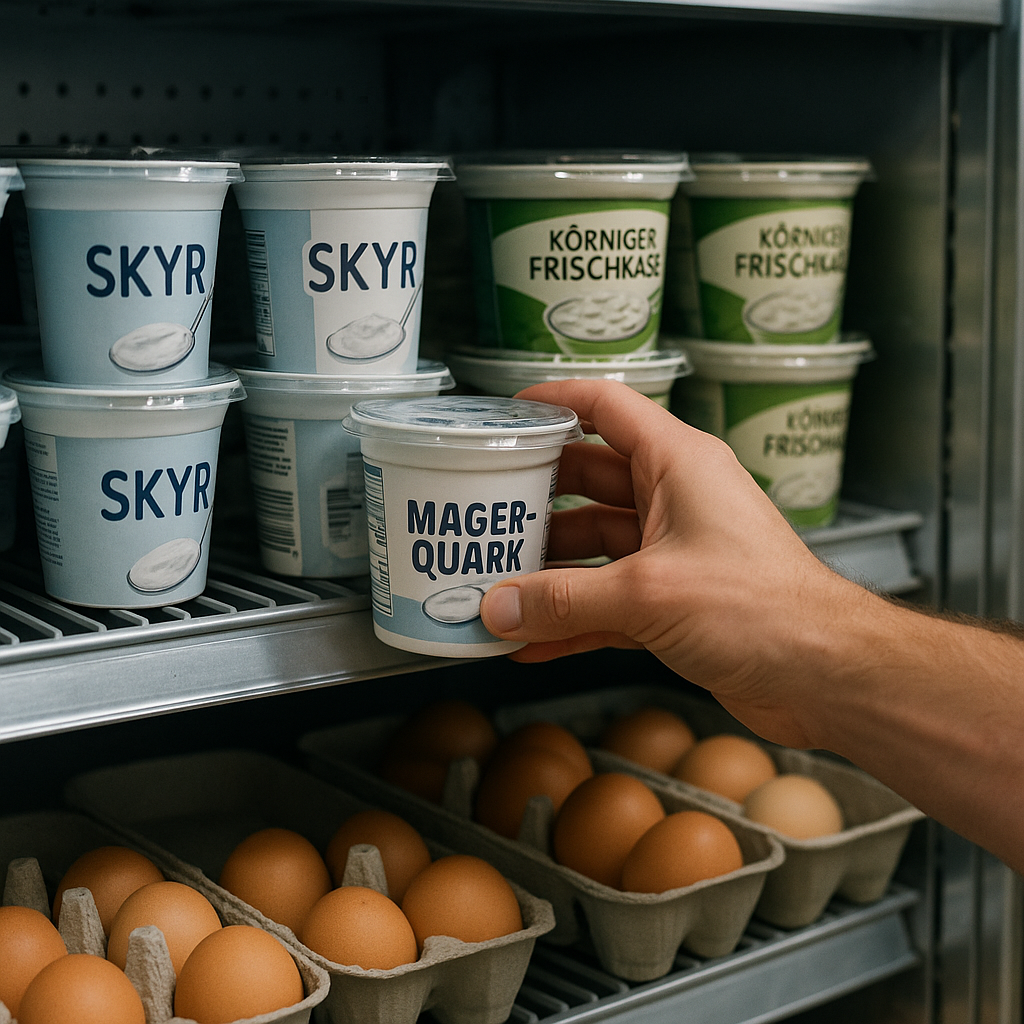 Männerhand greift im Supermarkt-Kühlregal nach Magerquark als günstige Proteinquelle