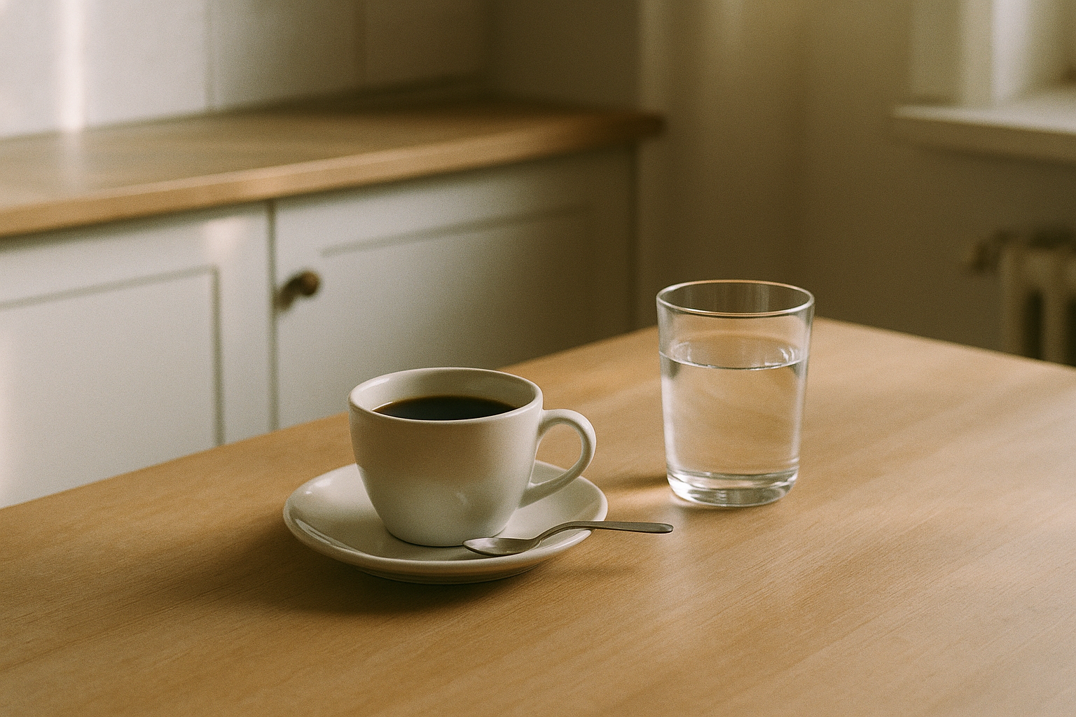 Schwarzer Kaffee in einer Tasse auf einem ruhigen Küchentisch im Morgenlicht