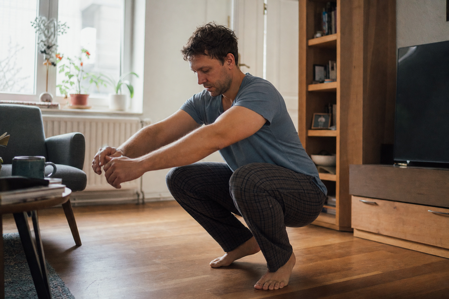 Mann bei kurzer Morgengymnastik im Wohnzimmer, natürliches Morgenlicht, kein Fitnessgerät