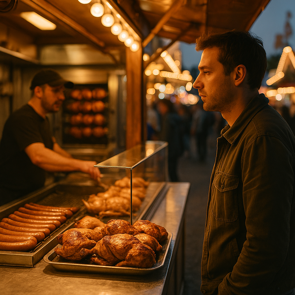 Imbissstand auf einem deutschen Volksfest am Abend, Mann wählt zwischen Hähnchen und Pommes