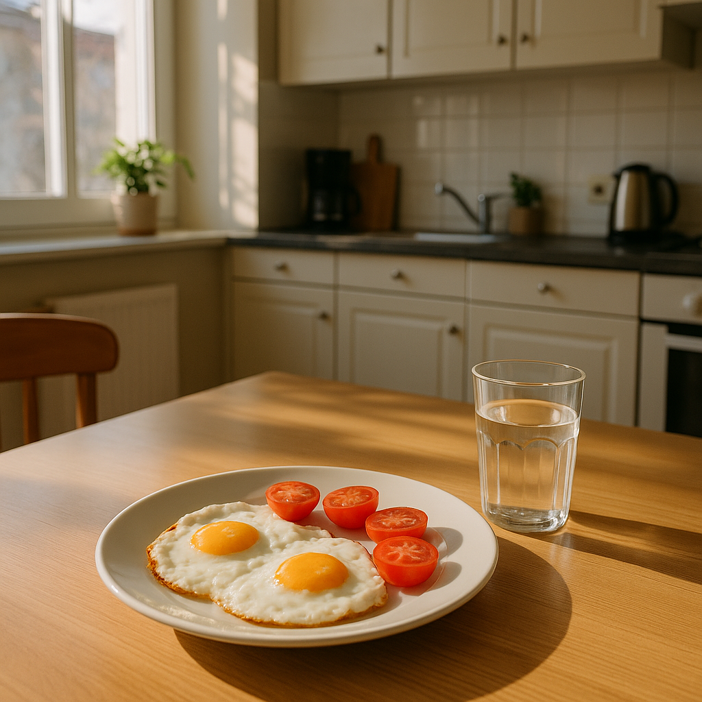 Deutsches Frühstück mit Spiegeleiern am Morgen nach dem Fest, Tageslicht in einer Küche