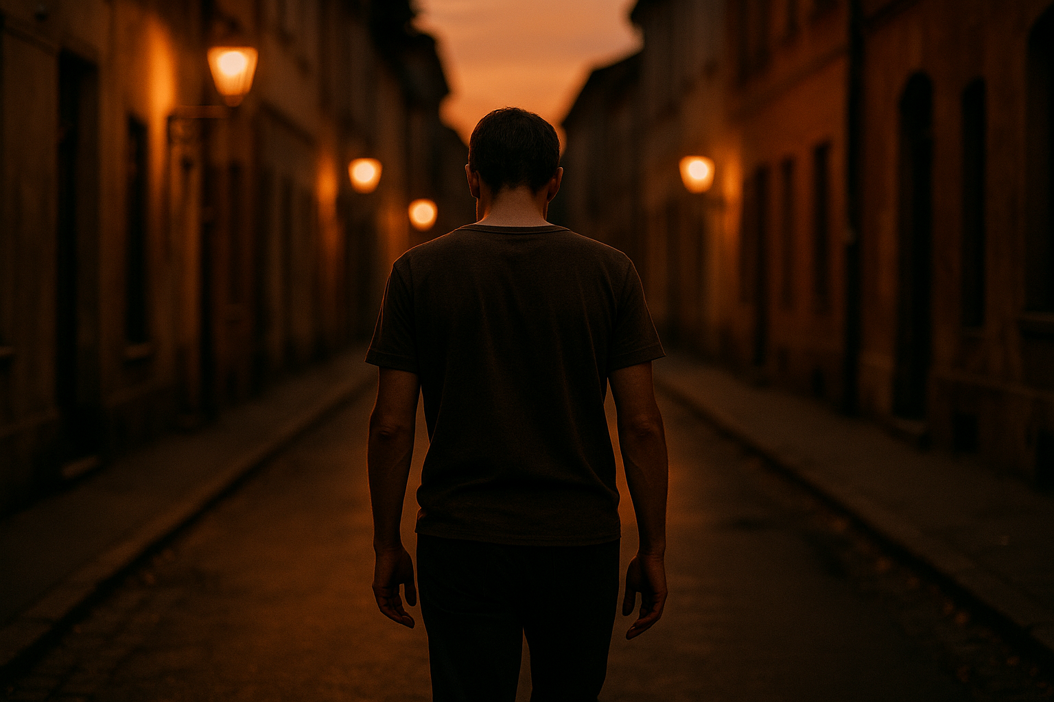 Mann macht am Abend einen ruhigen Spaziergang draußen, Feierabendstimmung
