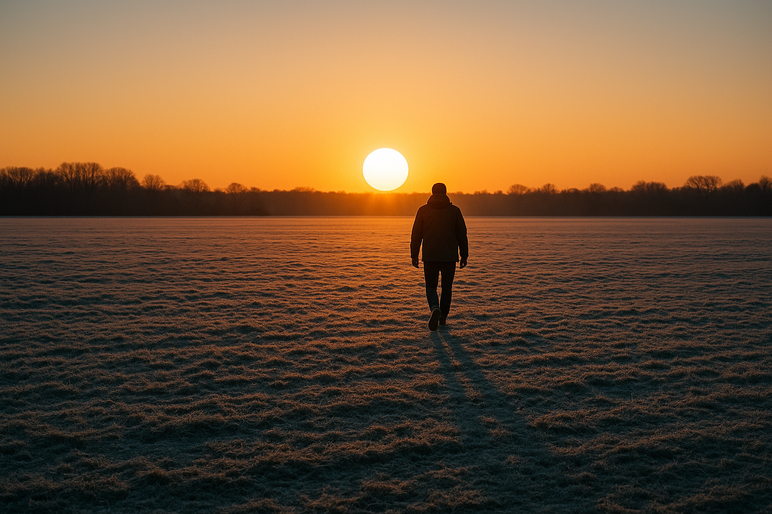 Mann geht bei Wintersonne draußen spazieren, tief stehende Sonne