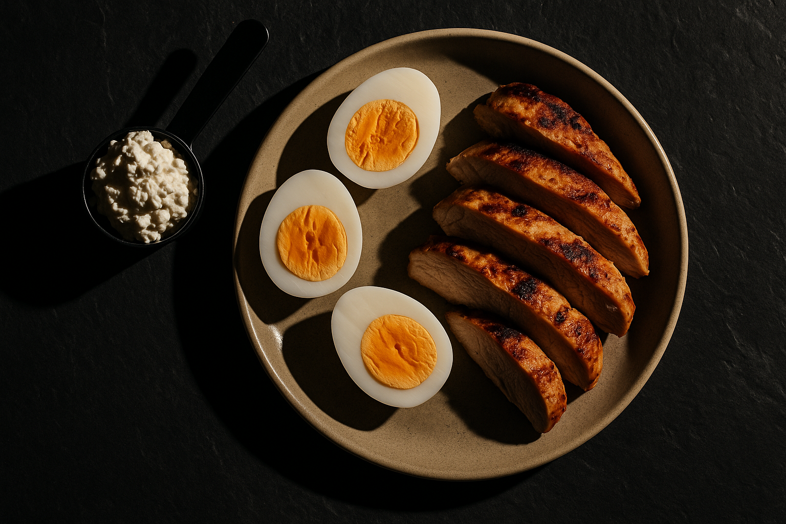 Teller mit Eiern, Quark und Hähnchen als einfache proteinreiche Alltagsmahlzeit