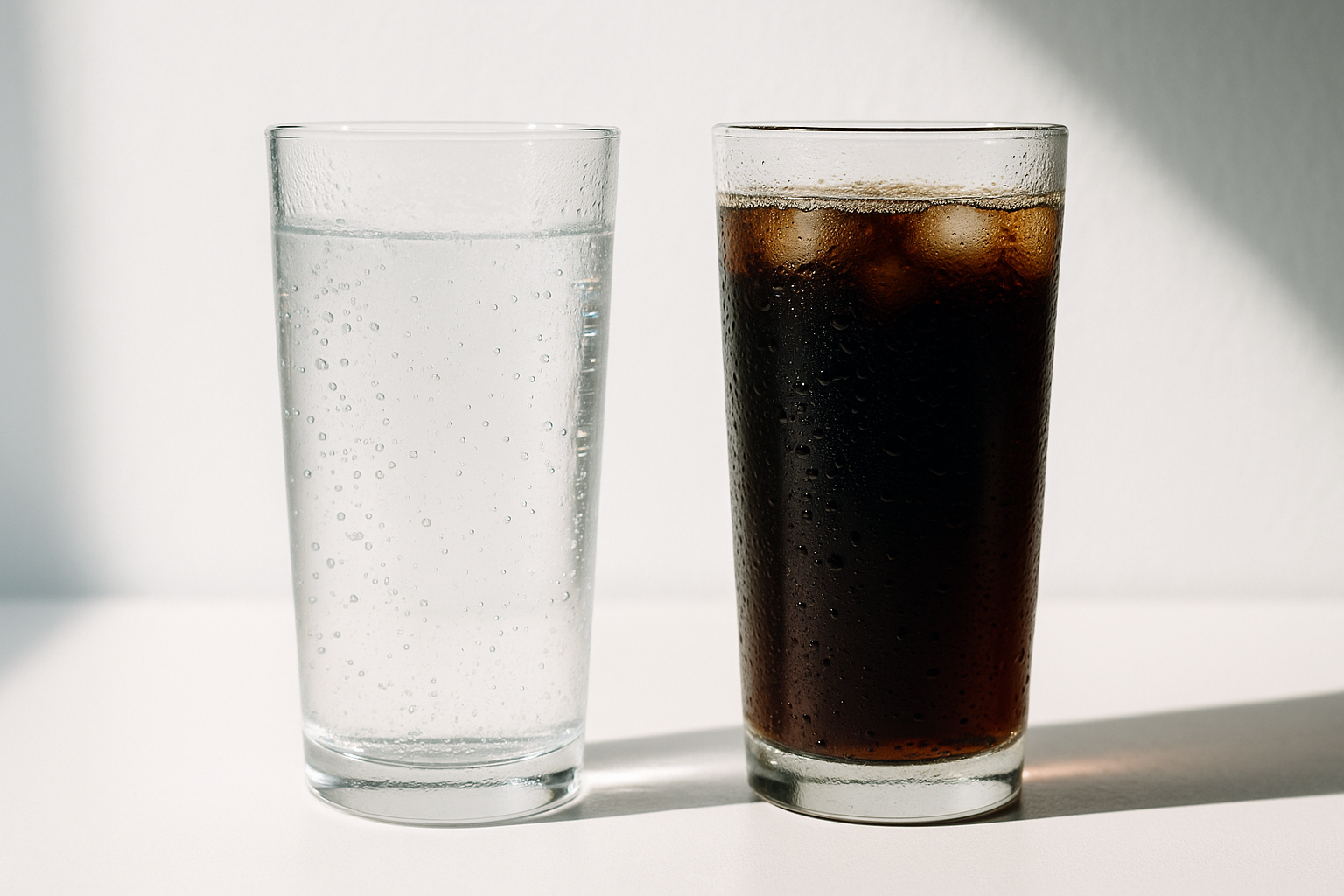 Ein Glas Wasser und ein Softdrink nebeneinander auf einem Tisch, klarer Kontrast
